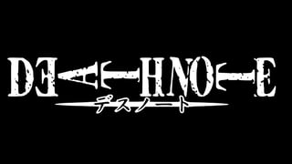 The Death Note logo; the words Death Note wre written in white on a black background. Several letters are sideways or even backwards. Beneath the title in English is a version in Japanese katakana.